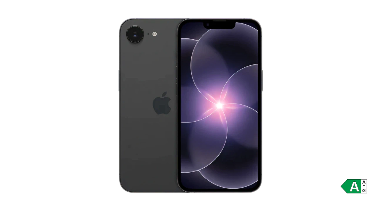 iPhone 17e vist forfra og bagfra i mørkegrå med skærm motiv i lilla nuancer.