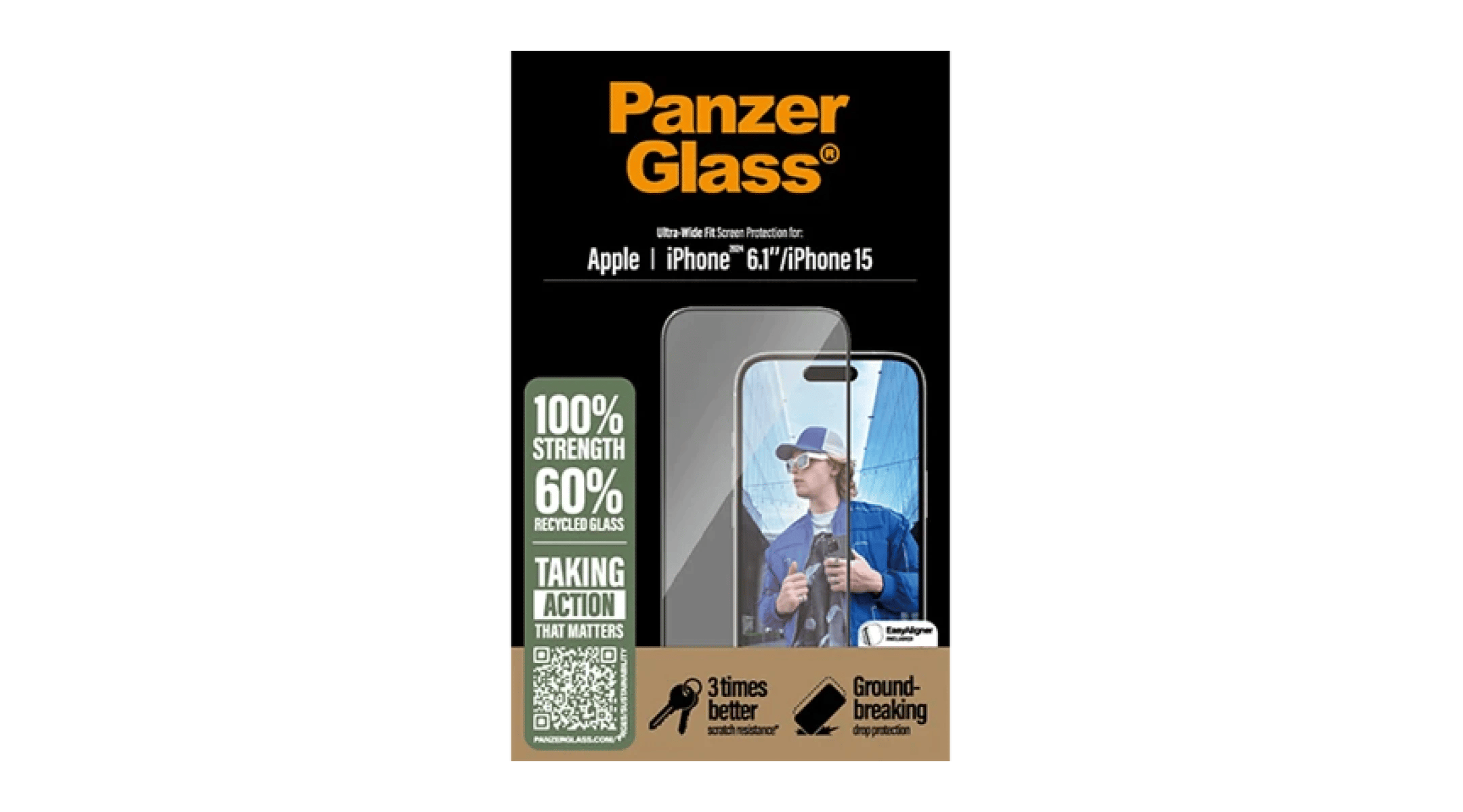 Produktbillede af PanzerGlass-skærmbeskyttelse til Apple iPhone 6,1" og iPhone 15. Emballagen viser et monteret skærmglas, en telefon med et foto på skærmen samt oplysninger om styrke og genanvendt glas.