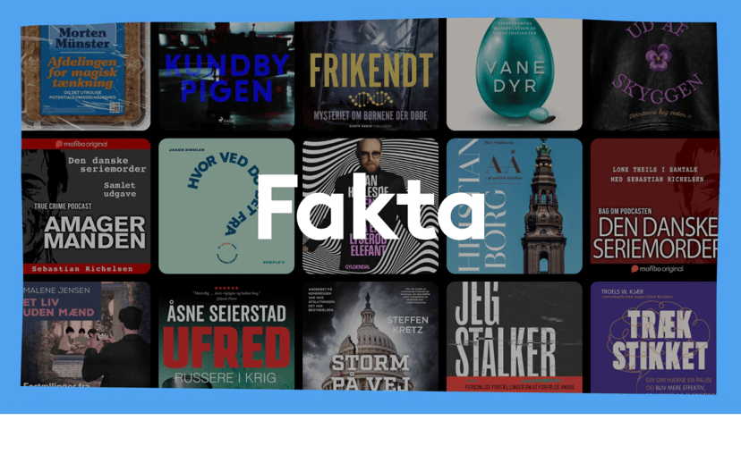 Oversigt med flere danske lydbogs- og bogomslag samlet under teksten “Fakta” på blå baggrund.