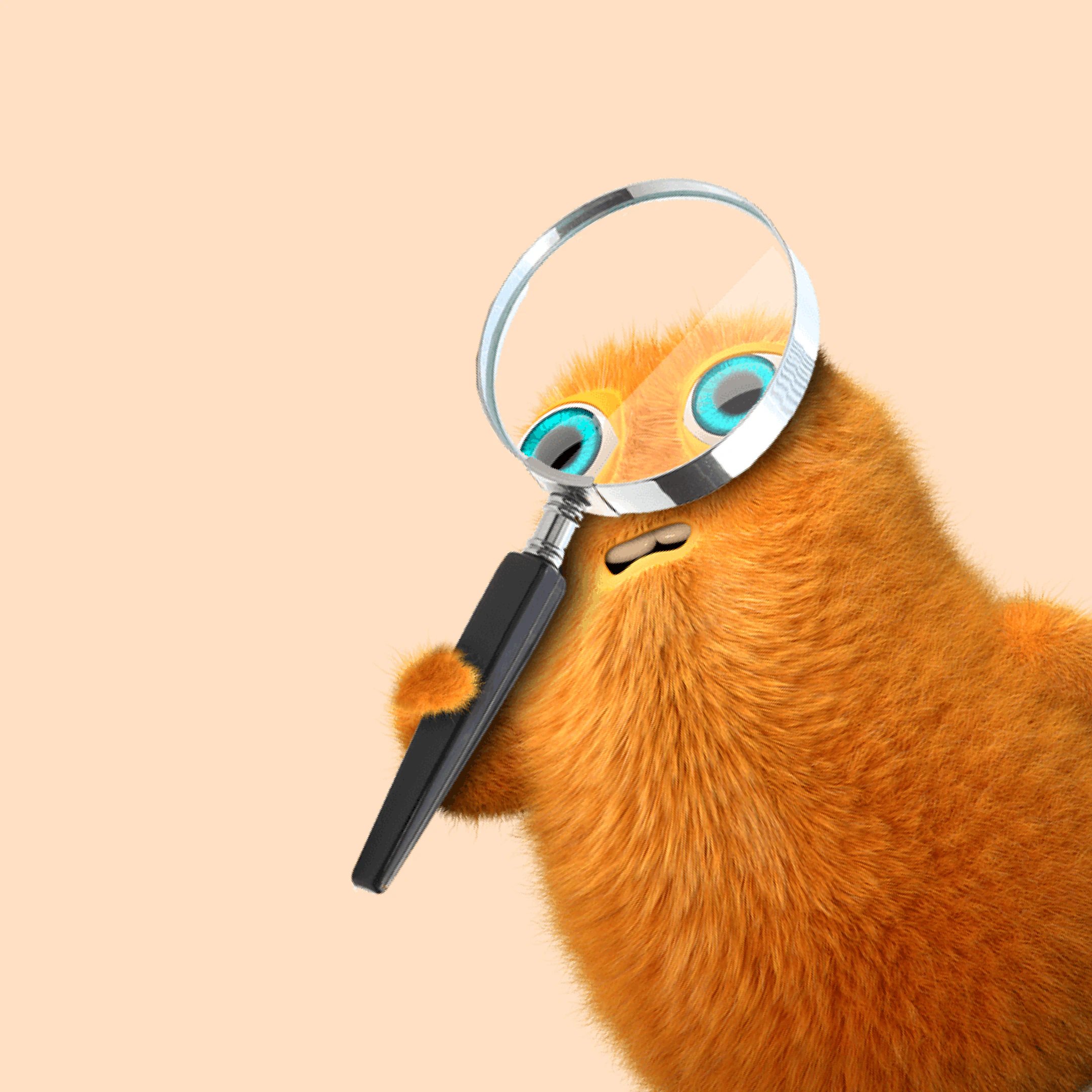 Orange, pelsklædt tøjdyr holder en lup foran ansigtet på lyserød baggrund.