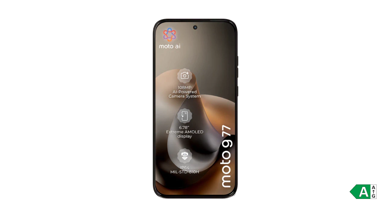 Motorola G77-smartphone vist forfra med skærm, der fremhæver 108 MP kamera, 6,78" AMOLED-display og moto ai.