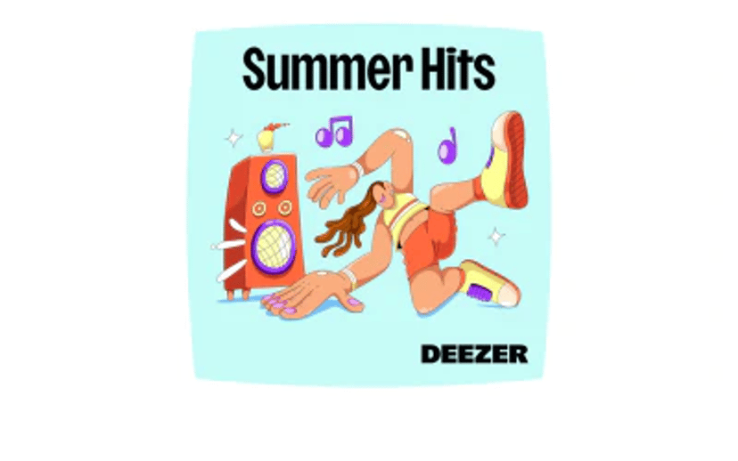 Grafik med teksten “Summer Hits” og Deezer-logoet, samt en illustreret person i bevægelse og musikikoner på lyseblå baggrund.