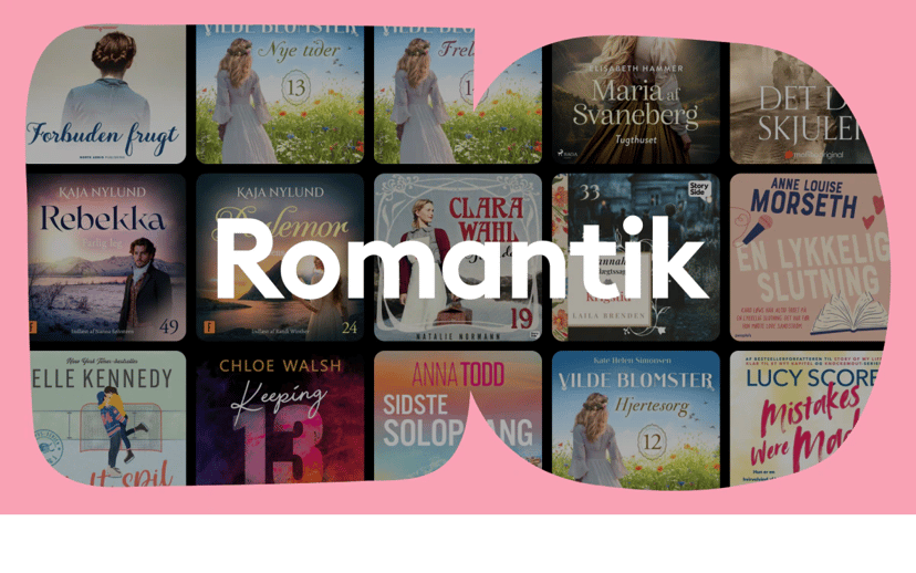 Lyserød kampagnegrafik med en collage af romantiske bogcovers og teksten “Romantik” i hvidt.