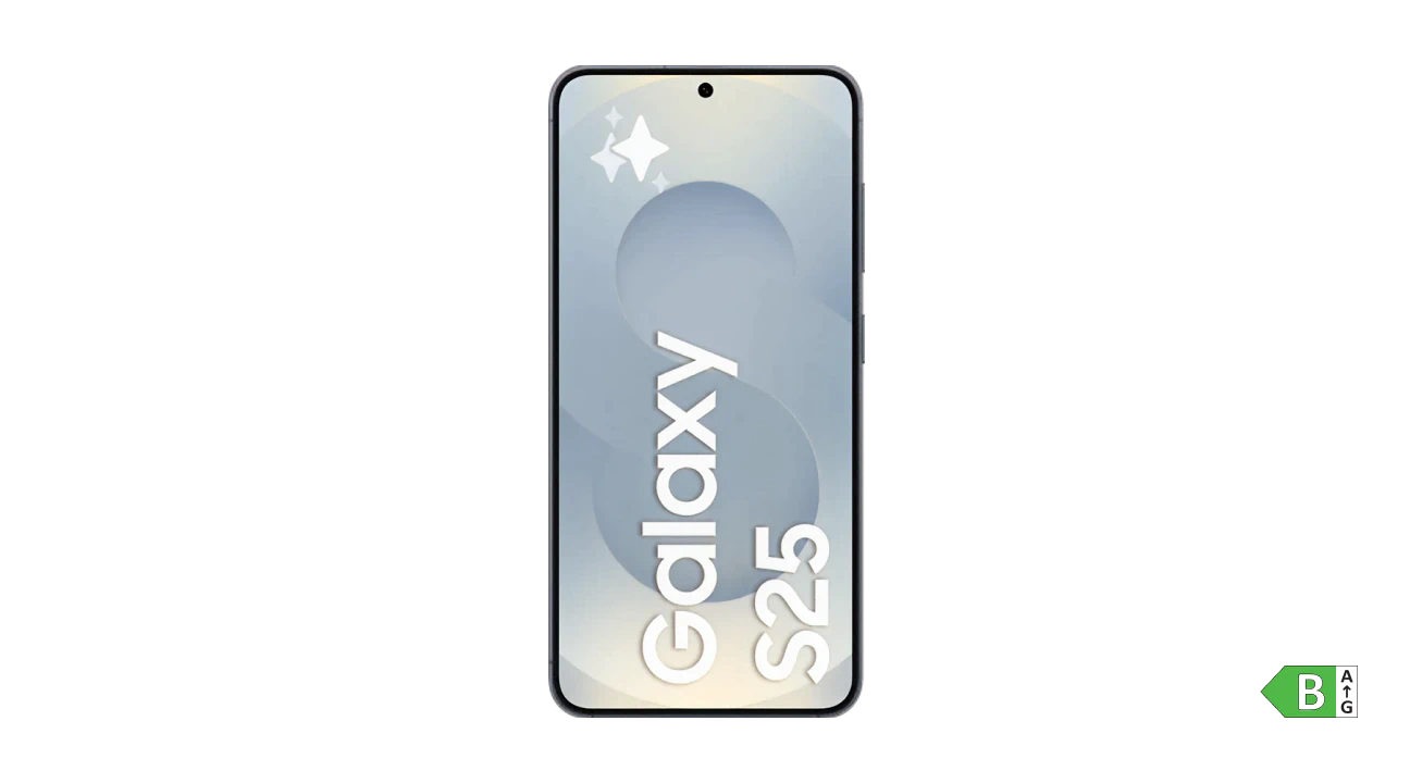 Samsung Galaxy S25-smartphone med lys skærm og Galaxy S25-tekst på fronten.