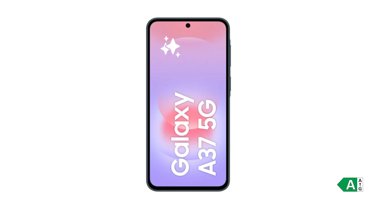 Samsung Galaxy A37 5G smartphone med lilla og lyserød skærmvisning på sort baggrund.