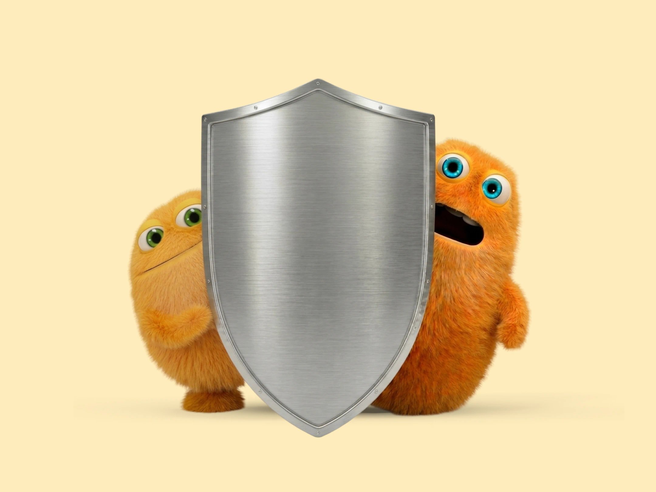To orange, lodne figurer kigger frem bag et stort metalskjold på en lys gul baggrund.