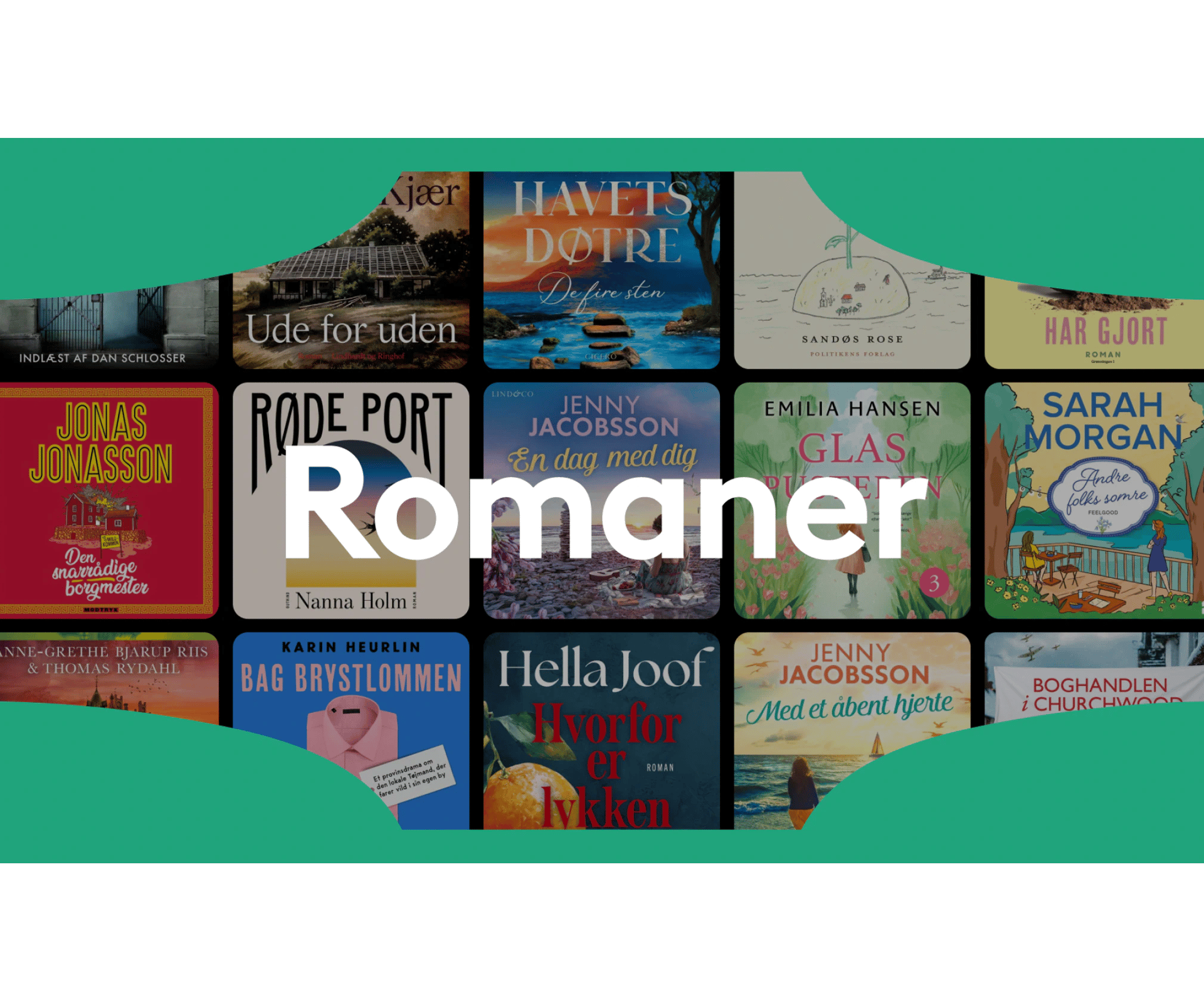 Collage af danske romanforsider med teksten “Romaner” i midten på grøn baggrund.