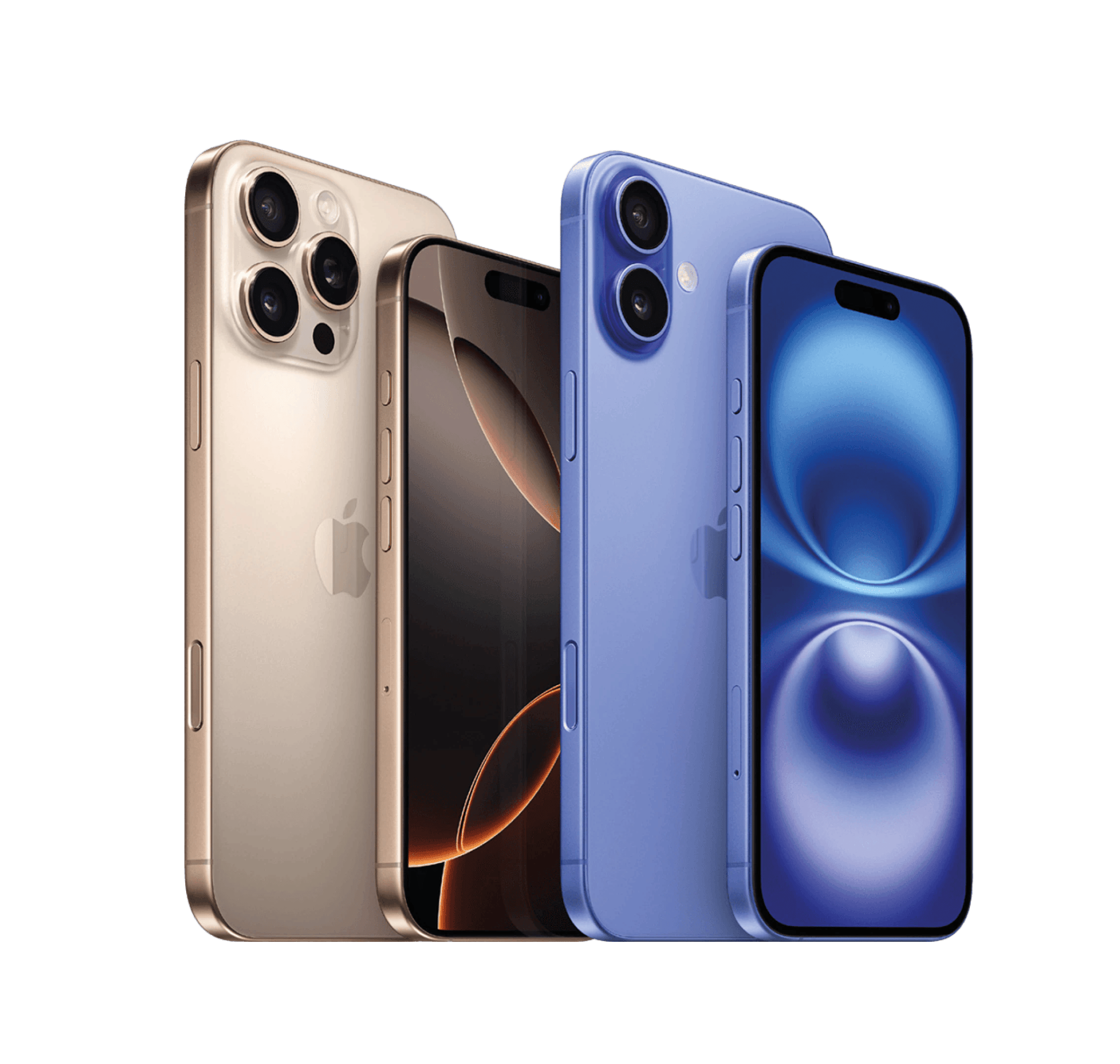 Fire iPhone 16-modeller i gyldne og blå nuancer vist forfra og bagfra på sort baggrund.