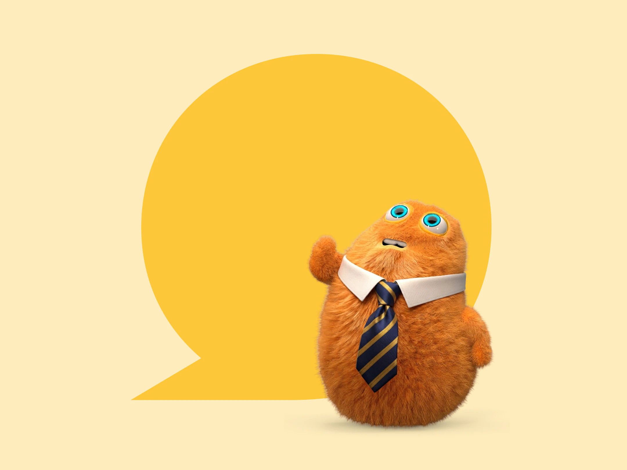 En orange, lodden figur med store blå øjne, hvid skjorte og stribet slips står foran en stor gul taleboble på en lysegul baggrund.