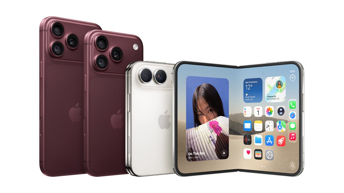 Flere iPhone 18 Pro-mobiler i bordeaux og hvid med avancerede kameraer og en stor skærm med apps.