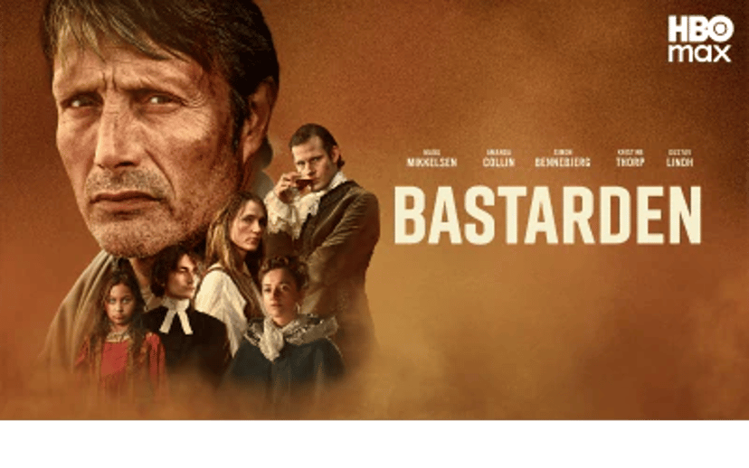 Filmposter for Bastarden med Mads Mikkelsen og flere medvirkende på en brun baggrund med HBO Max-logo.