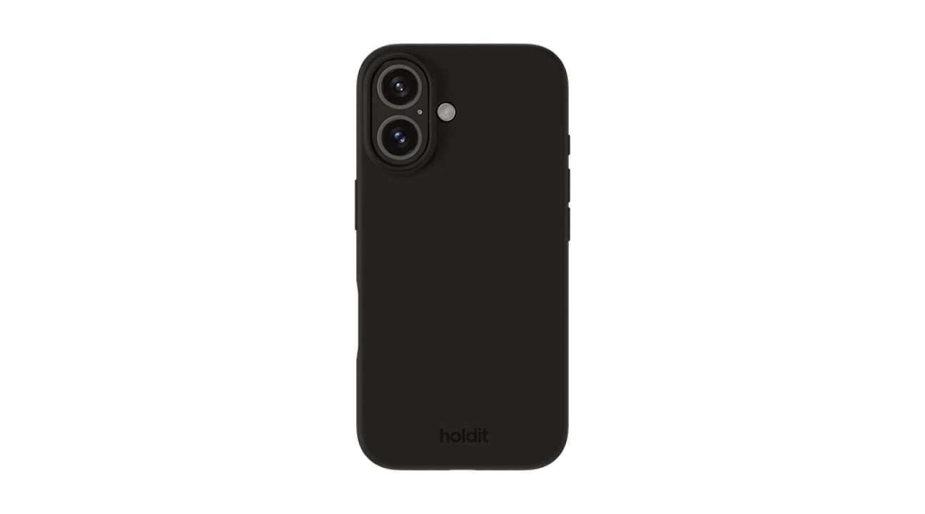 Sort silikonecover til iPhone 17 med udskæring til kamera og holdit-logo nederst.