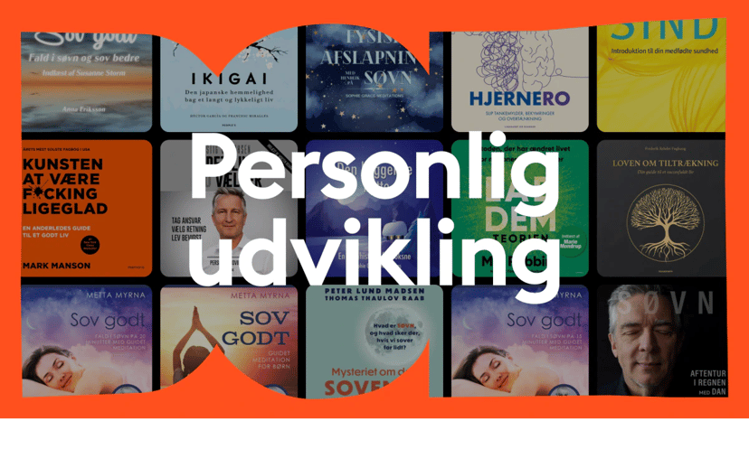 Collage med bogforsider og stor hvid tekst med ordene »Personlig udvikling« på orange baggrund.