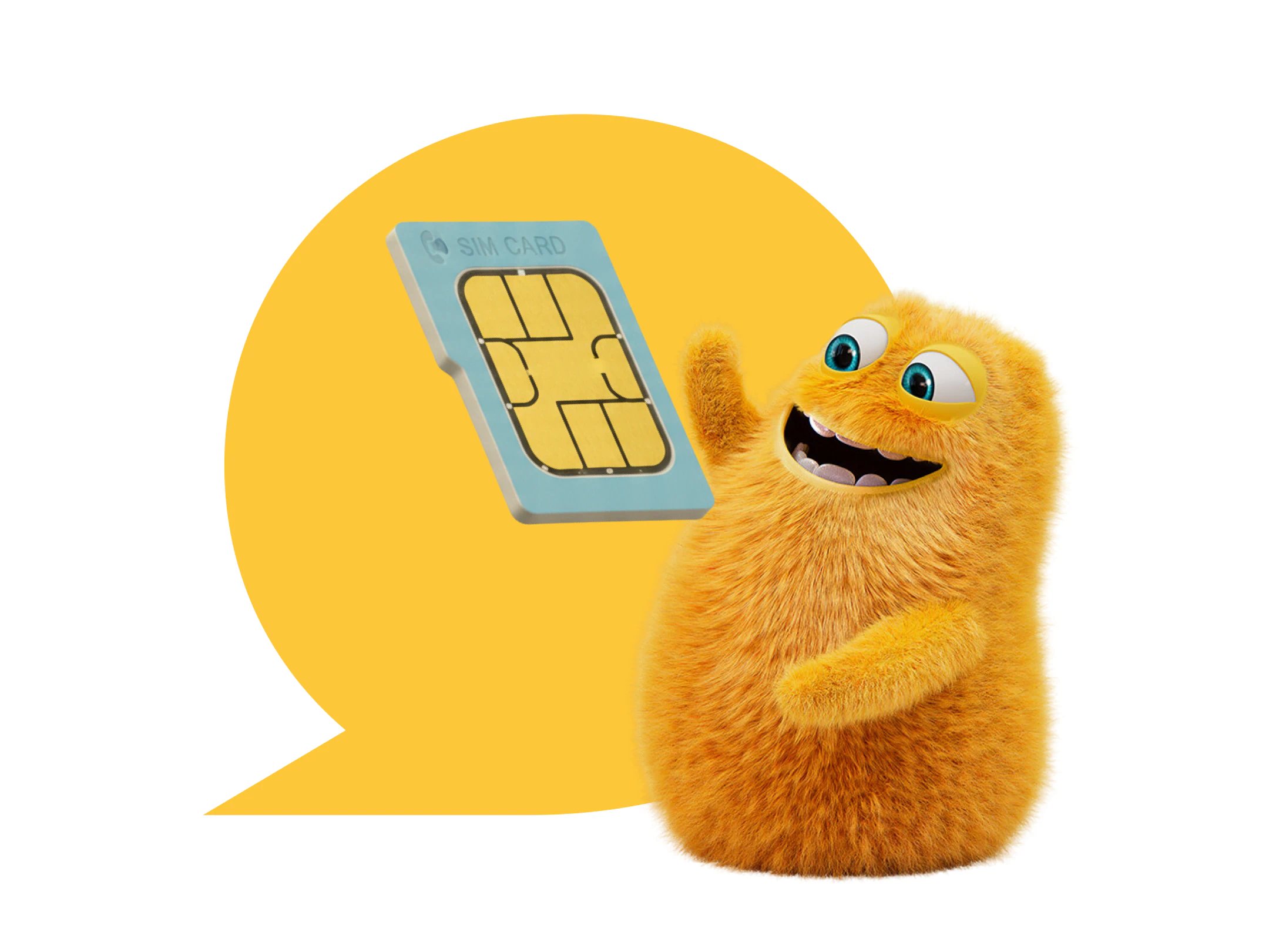 En blå SIM-kortillustration foran en gul baggrund ved siden af en glad, orange figur med store øjne og åbent smil.