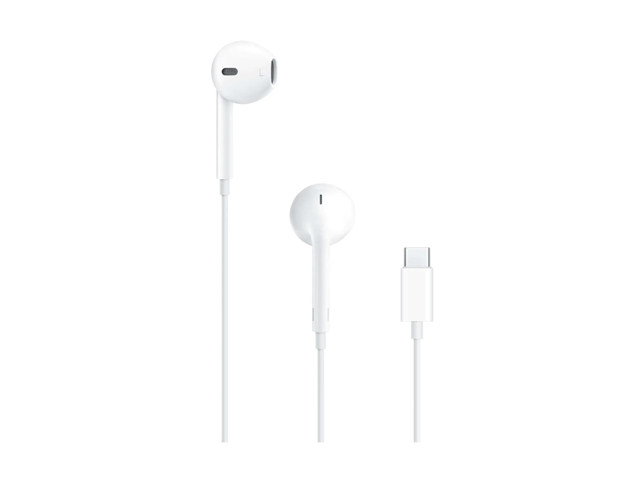 Hvide Apple Earpods med USB-C-stik vist på sort baggrund.