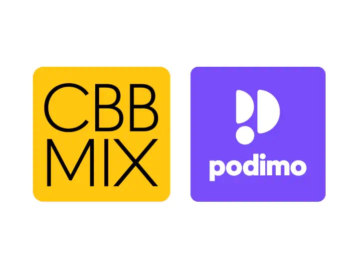 Logoer for CBB Mix i gul firkant og Podimo i lilla firkant, placeret ved siden af hinanden på hvid baggrund.