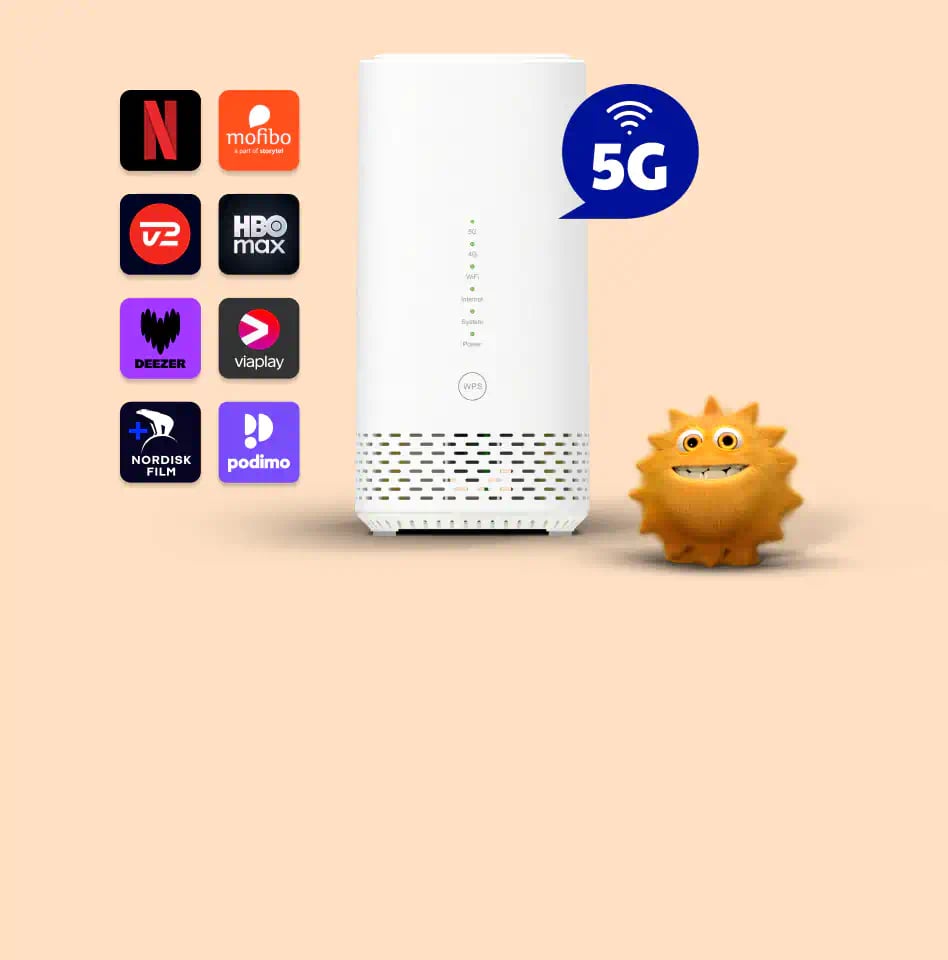 5G-internetrouter med streamingtjenester og en Små Priser-figur ved siden af.