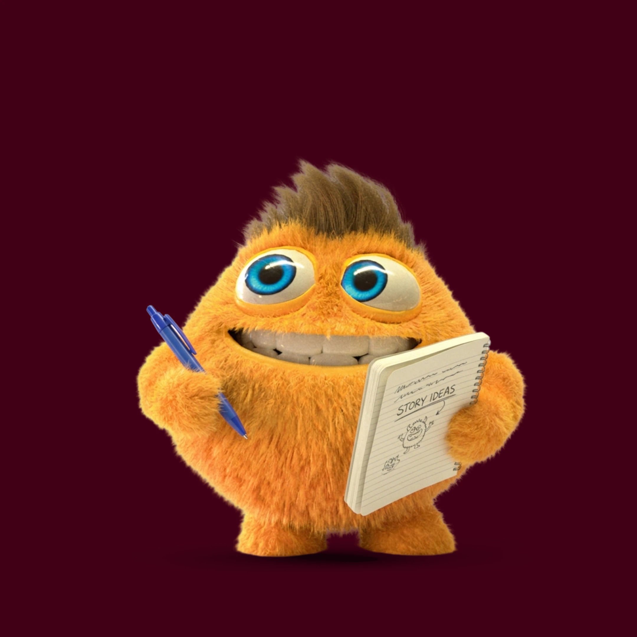 En orange, tegnet figur med store blå øjne holder en notesbog med teksten “STORY IDEAS” og en blå kuglepen mod en mørkerød baggrund.