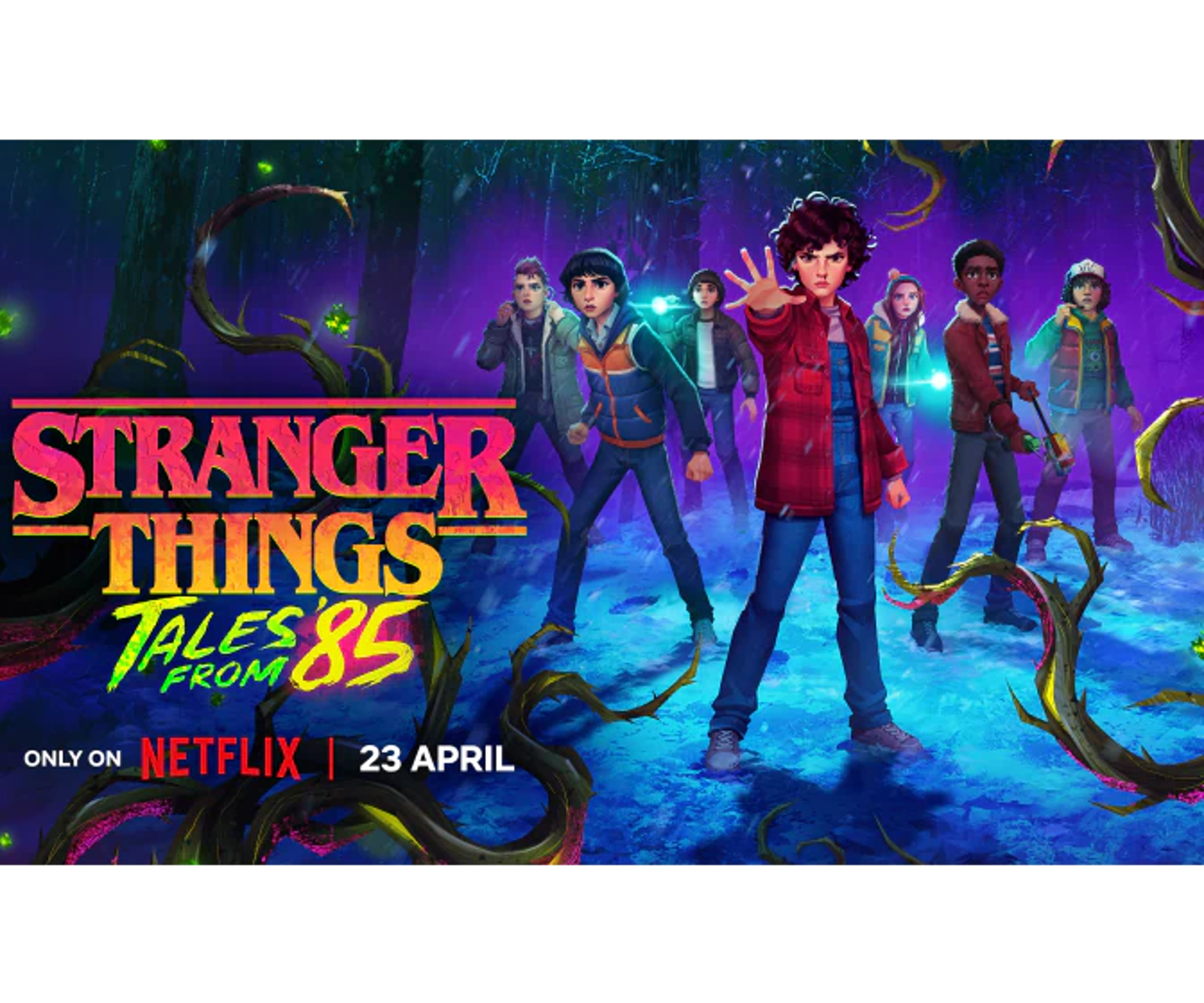 Farverigt Stranger Things-plakatmotiv med rollebesætningen i en mørk, overnaturlig skov og Netflix-logo samt premieredato.