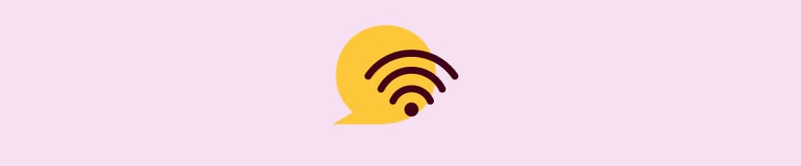 WiFi-ikon i mørk lilla og gul cirkel på lys lyserød baggrund.