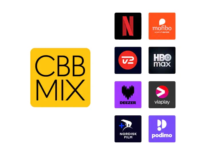 CBB Mix-logo ved siden af ikoner for Netflix, Mofibo, TV 2, HBO Max, Deezer, Viaplay, Nordisk Film og Podimo.