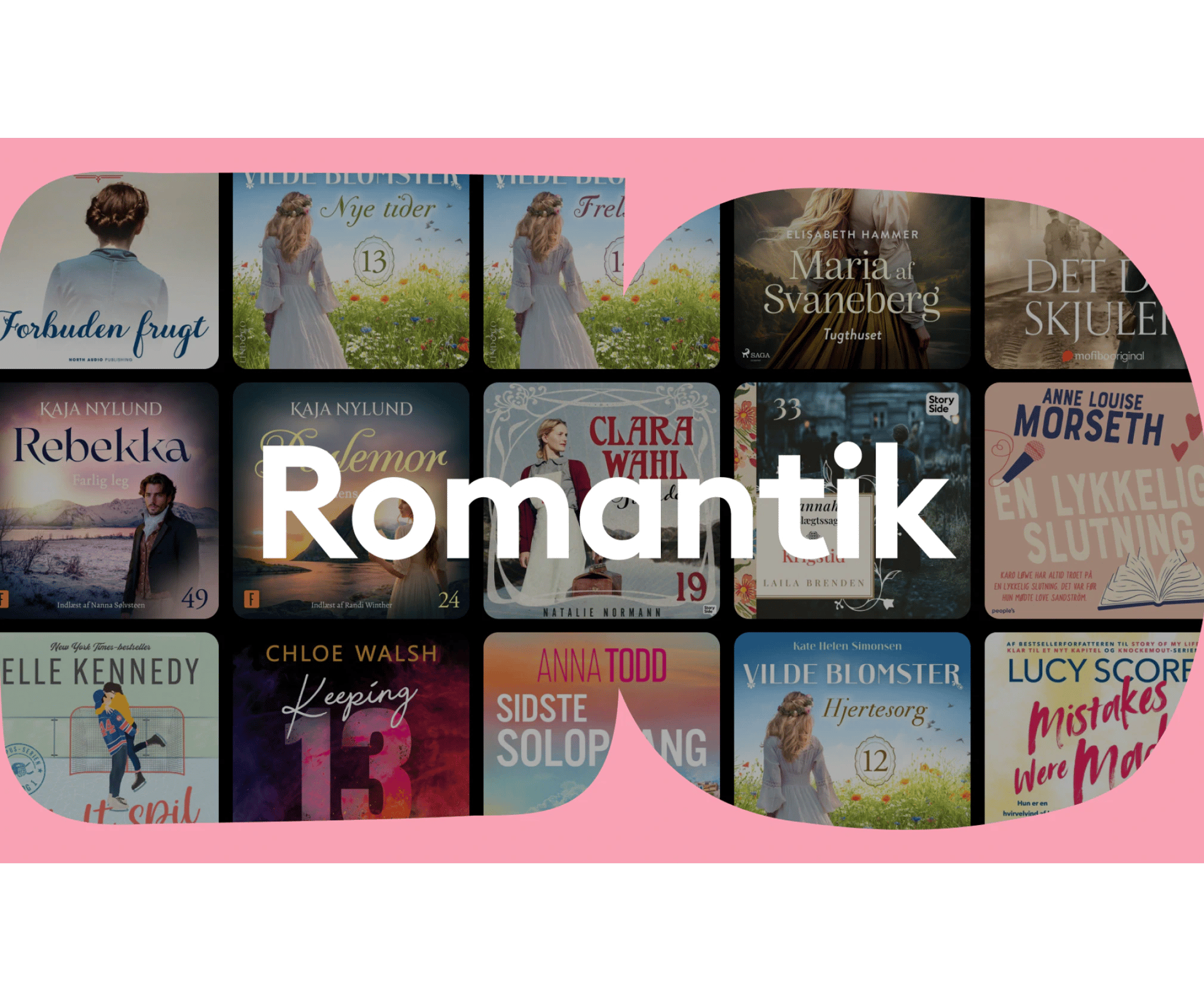 Mobil banner med et collage af romantiske bogforsider og teksten “Romantik” på lyserød baggrund.