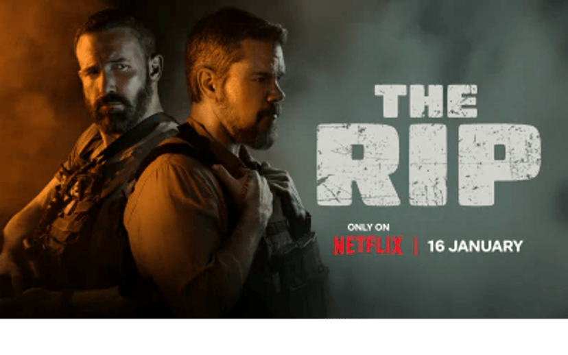 Mørk Netflix-plakat med to mænd ryg mod ryg og teksten The Rip, Only on Netflix og 16 January.