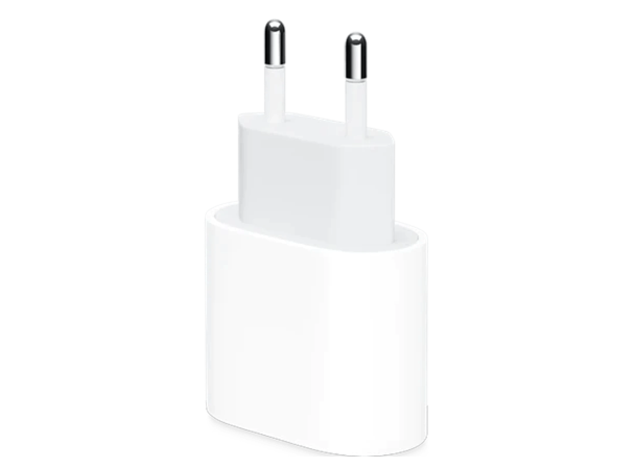 Hvid Apple 20W USB-C strømadapter med europæisk stik og to ben.