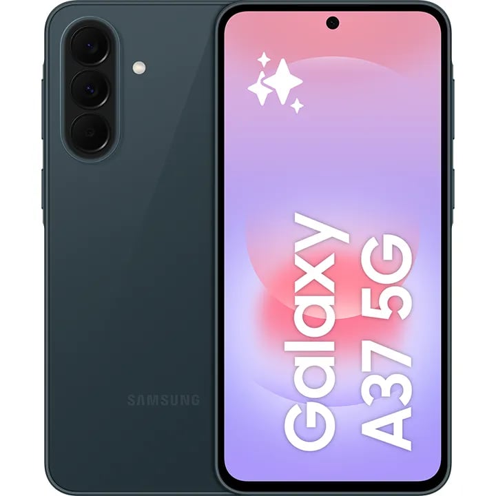 Samsung Galaxy A37 5G mobiltelefon set forfra og bagfra i mørkegrå med tredobbelt kamera og farverig skærm.