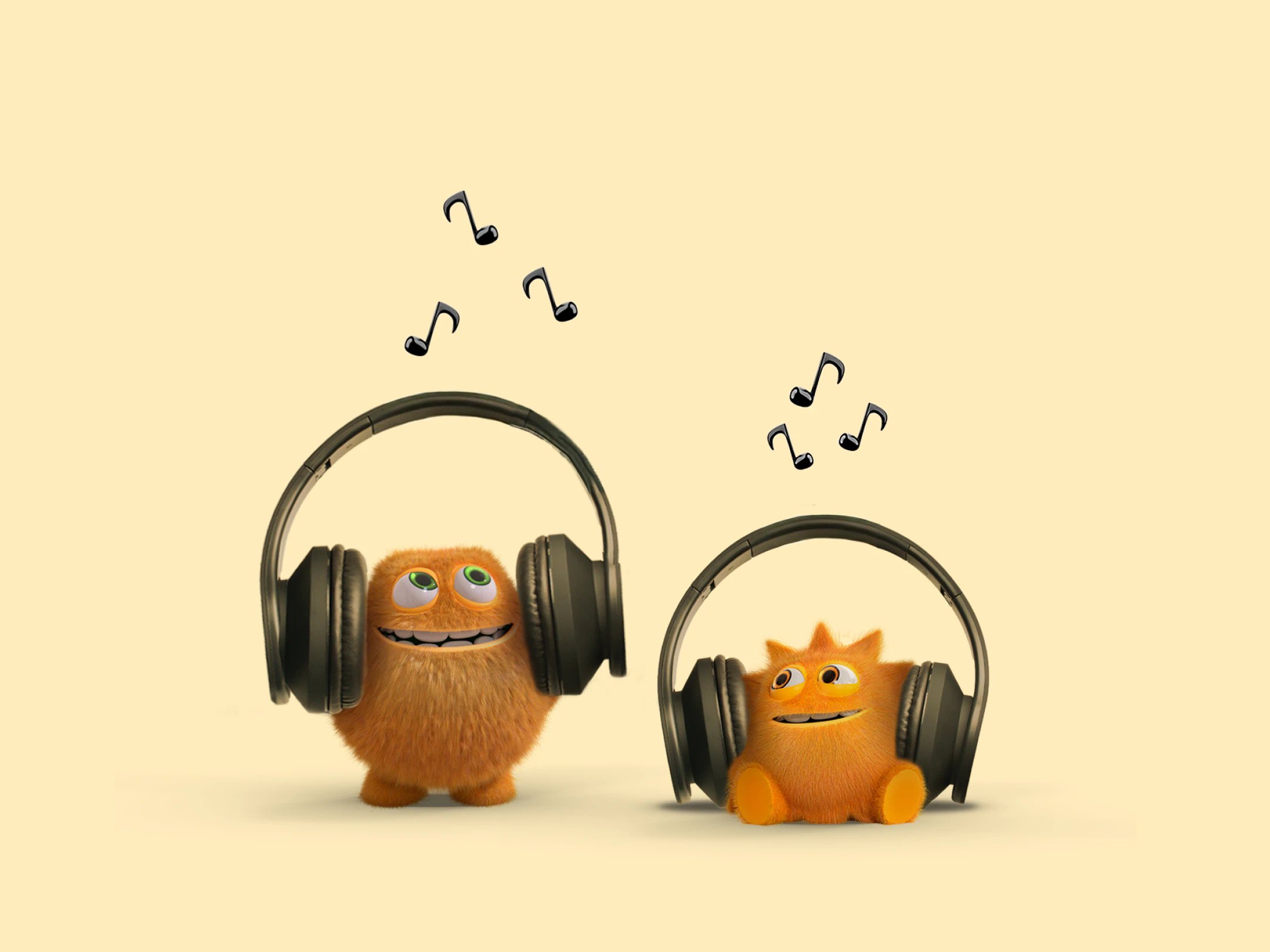To Små Priser med høretelefoner lytter til musik omgivet af svævende noder.