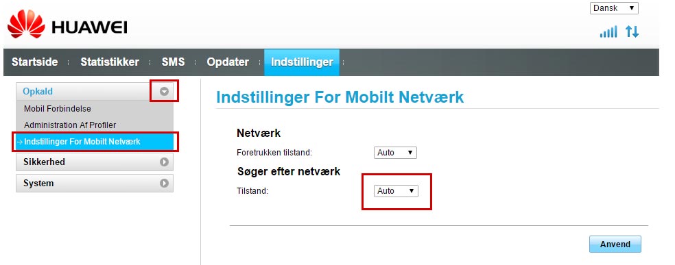 Indstillinger for mobilt netværk med automatisk søger og tilstand