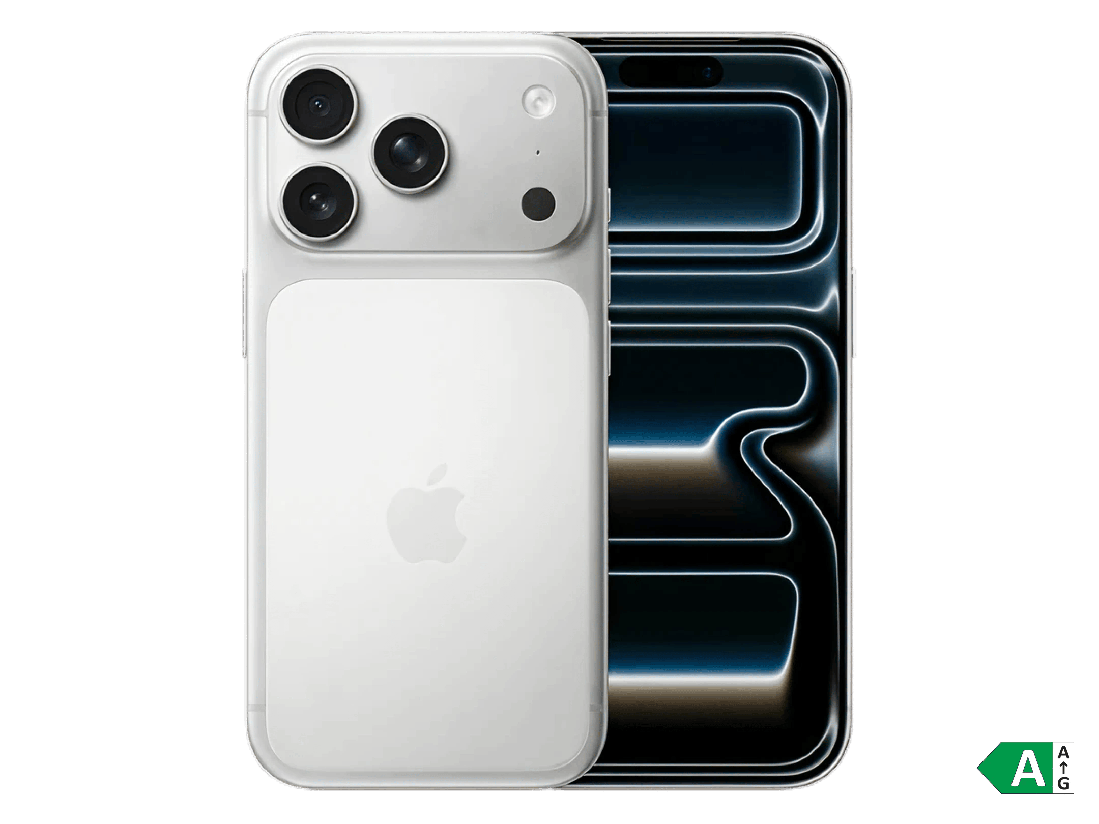 iPhone 17 Pro i hvid med tredobbelt kamera og mørk skærm med lysende grafisk design.