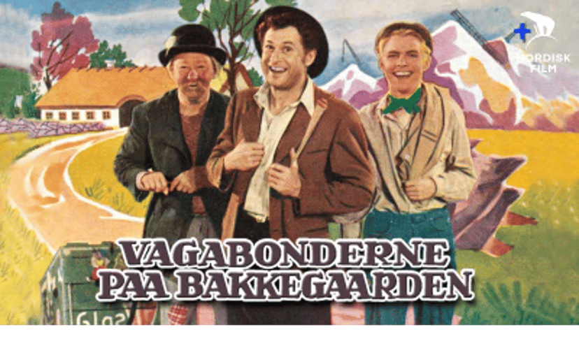 Plakat for Nordisk Film med tre mænd foran et landligt landskab og titlen Vagabonderne på Bakkegården.