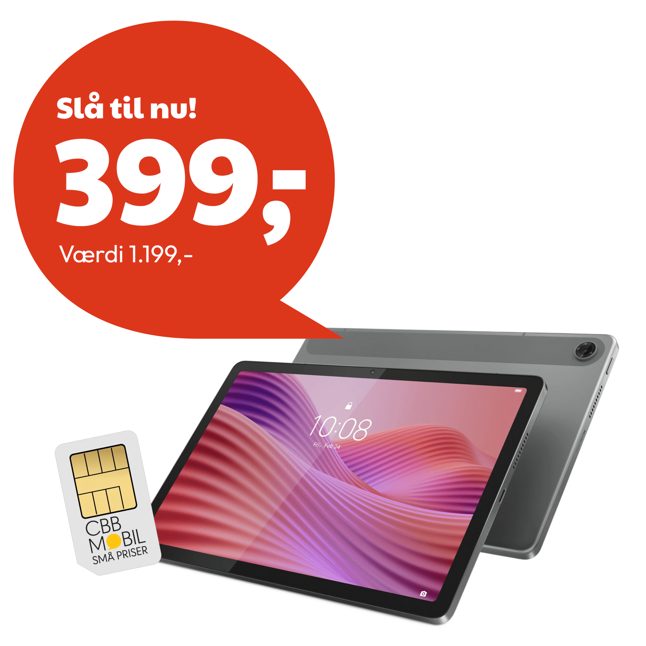Promobillede af en Lenovo-tablet med SIM-kort og en rød tilbudsboble med teksten "Slå til nu! 399,-" samt en angivet værdi på 1.199,-.