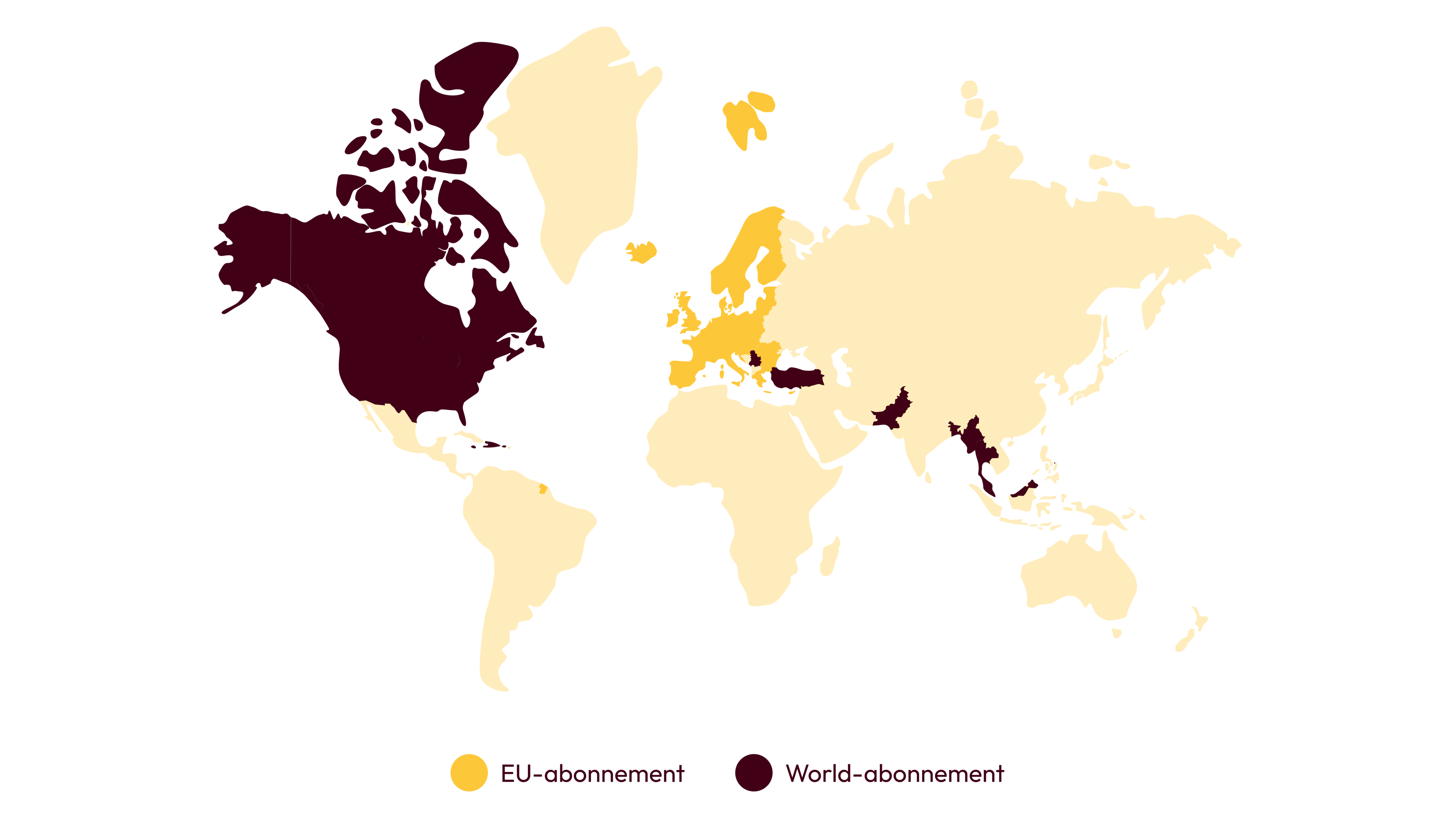 Illustreret verdenskort med markeringer for EU-abonnement og World-abonnement.