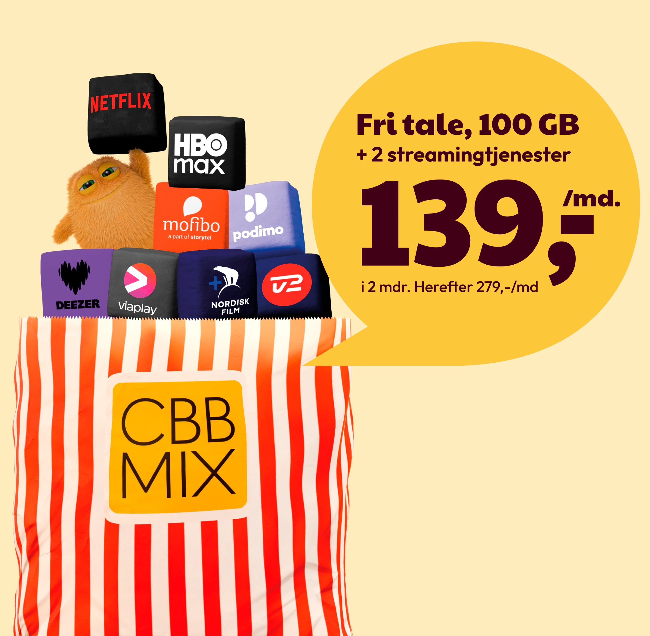 Farverigt kampagnebanner for CBB MIX med en popcornbøtte, streamingtjenester som Netflix, HBO Max, Viaplay og Podimo samt tilbuddet om fri tale, 100 GB og to streamingtjenester til 139 kr. om måneden i to måneder.