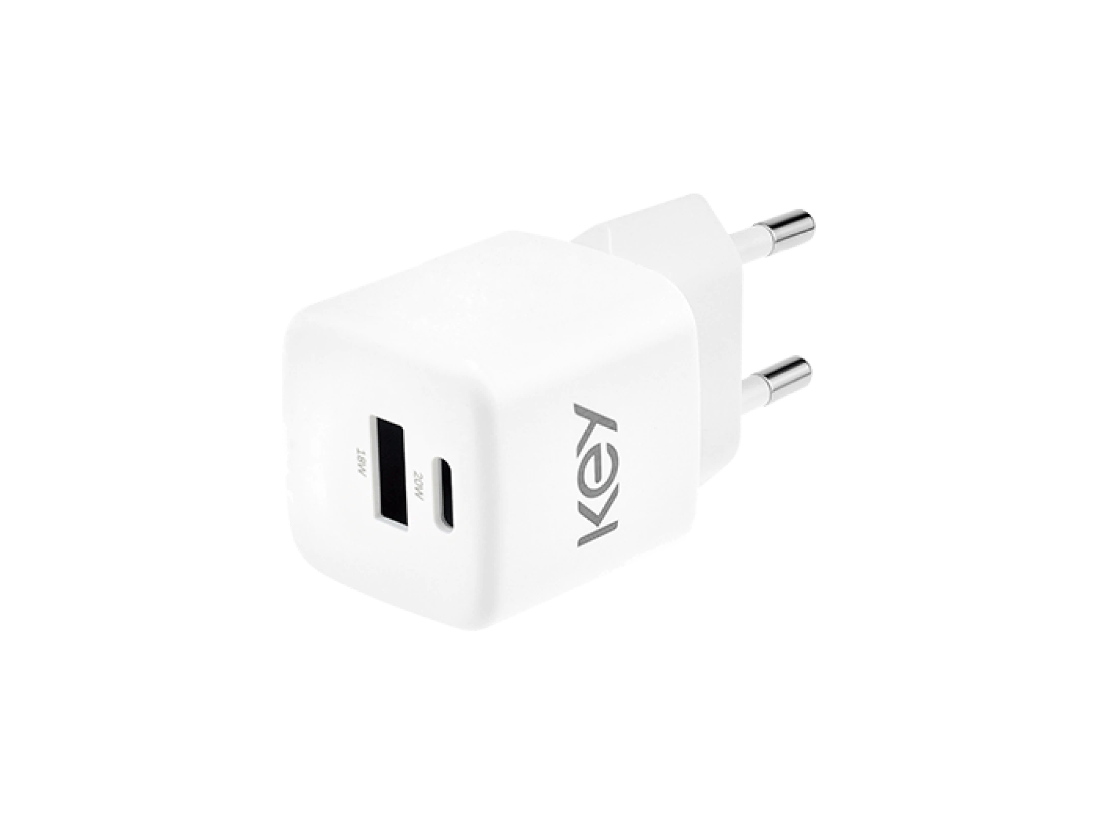 Hvid KEY Power Wall 20W GAN USB-oplader med to porte og EU-stik.