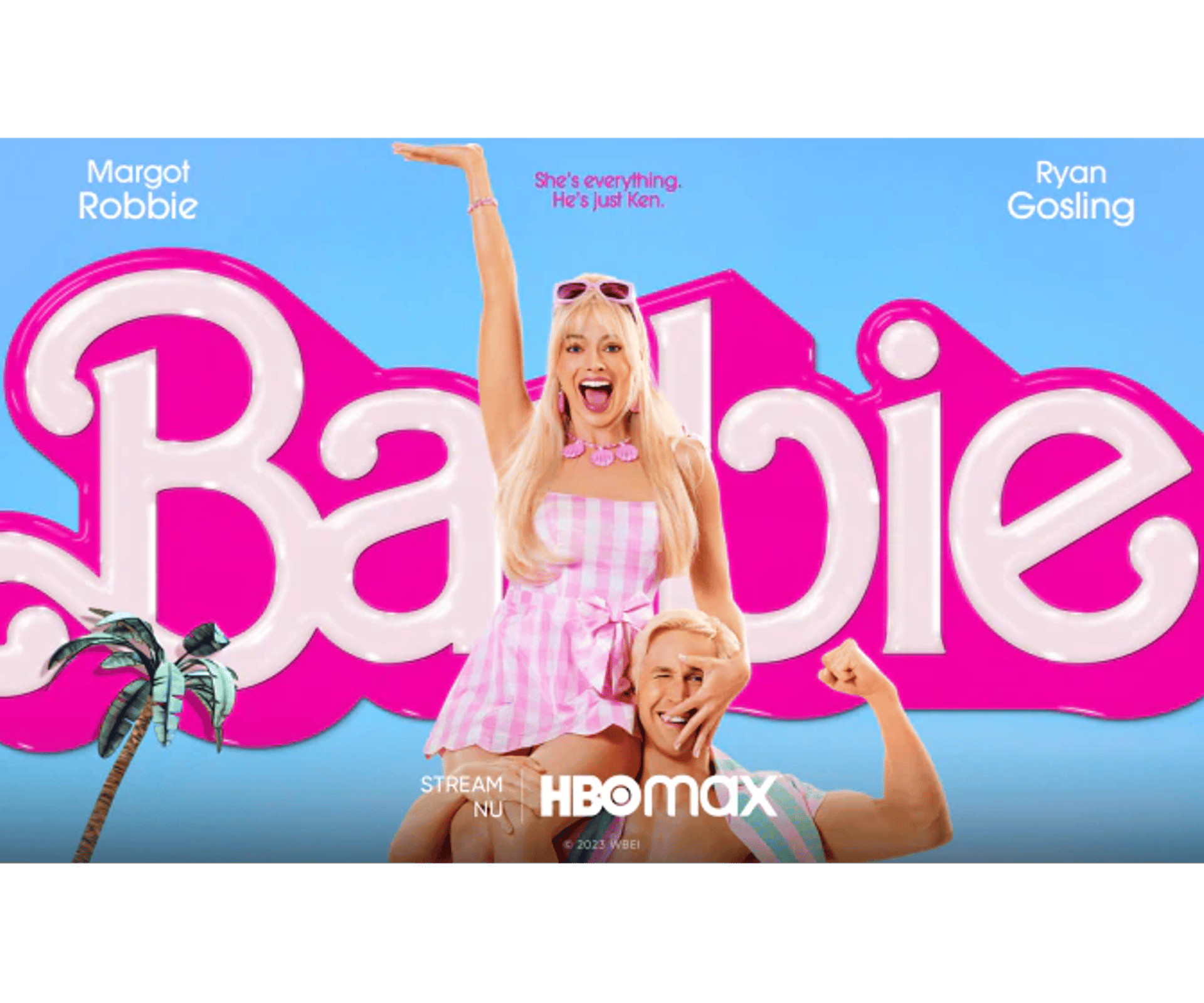 Farverigt Barbie-kampagnebanner med Margot Robbie og Ryan Gosling foran det store Barbie-logo og HBO Max-logoet nederst.