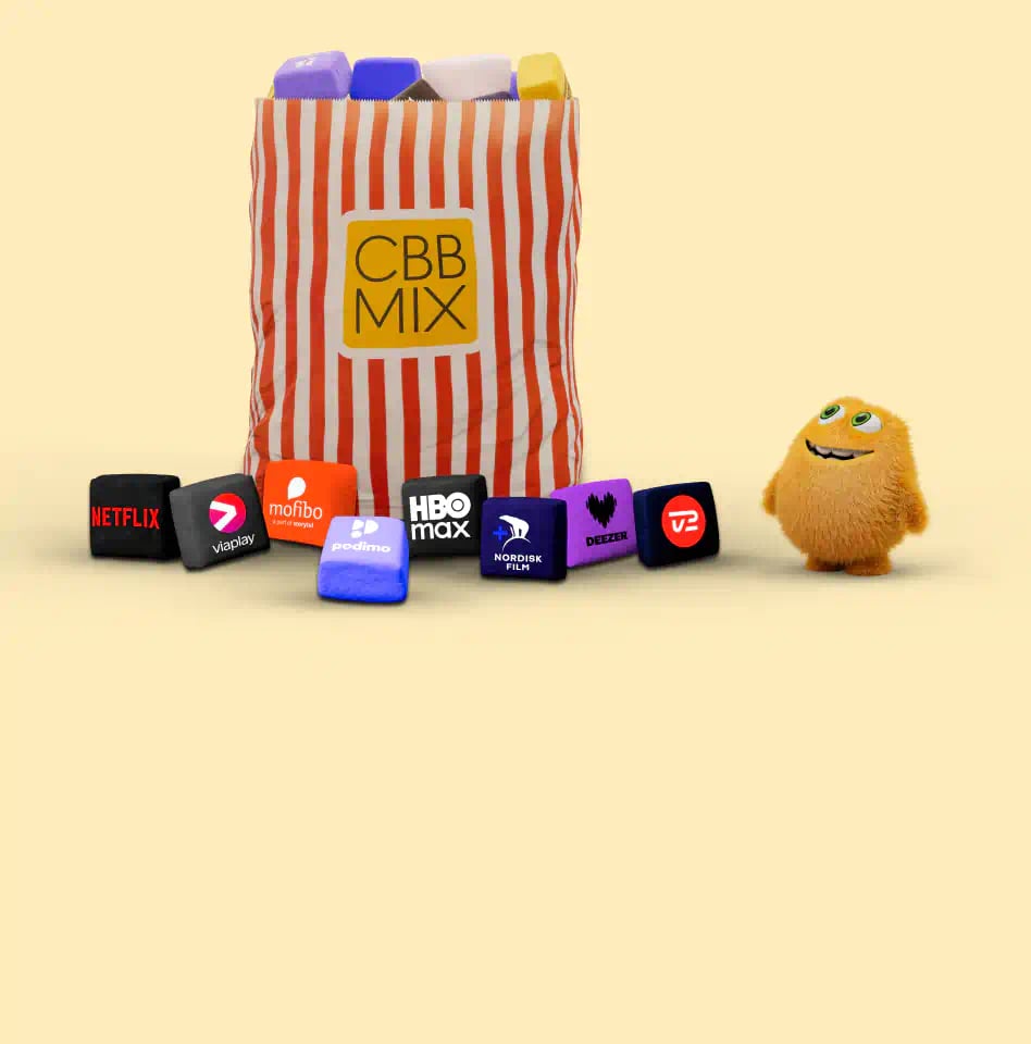 Billedet viser en CBB MIX pose med forskellige streamingtjenester som Netflix og HBO Max samt brandets orange Små Priser-figur ved siden af.
