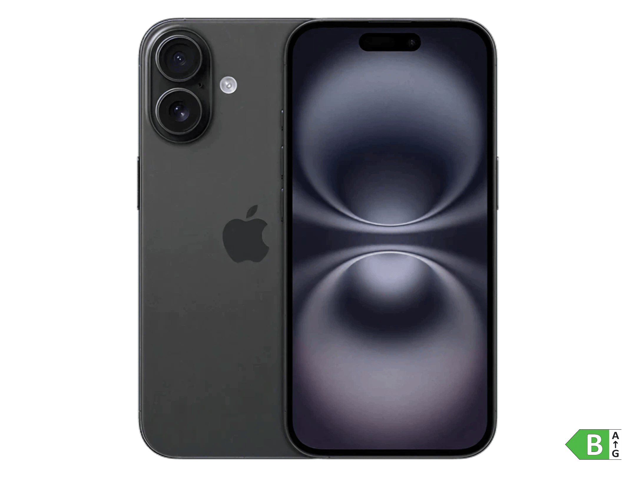 Sort iPhone 16 set forfra og bagfra med dobbeltkamera, Apple-logo og skærm med abstrakt blå-lilla motiv.