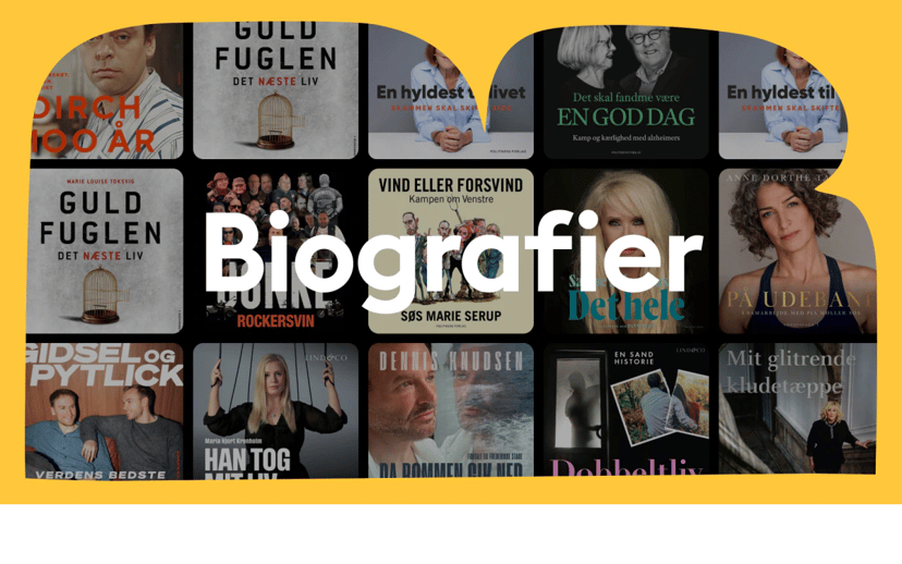 Gul og sort kampagnegrafik med ordet “Biografier” over en collage af bog- og lydbogs-covers.