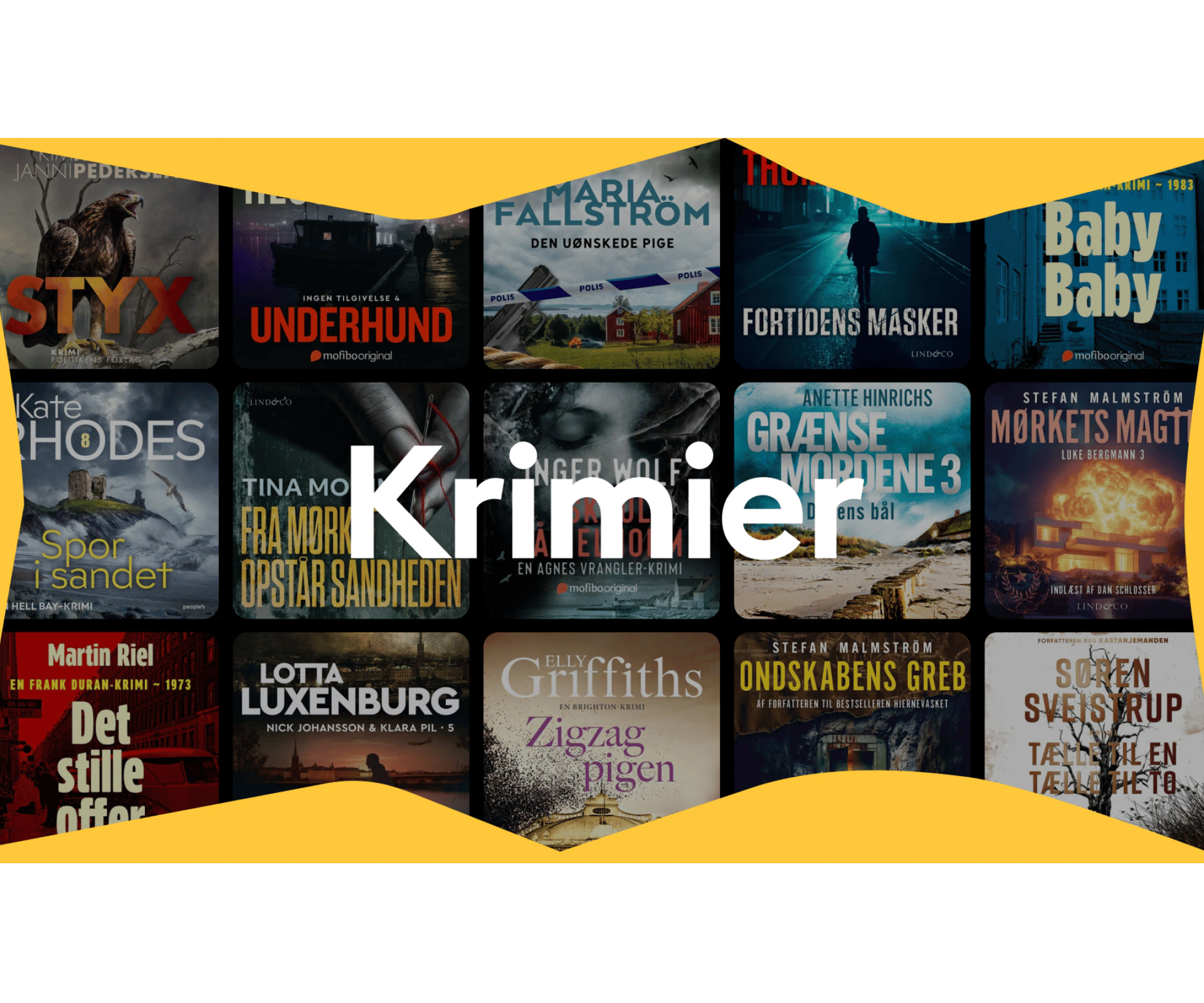 Kollage af krimi-bogforsider med teksten “Krimier” i midten og gul dekorativ kant øverst og nederst.