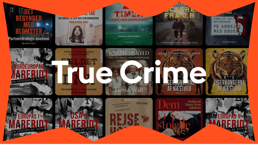 Collage af Mofibo-lydbøger med true crime som tema, med stor hvid tekst “True Crime” i midten og orange bølgende kanter.