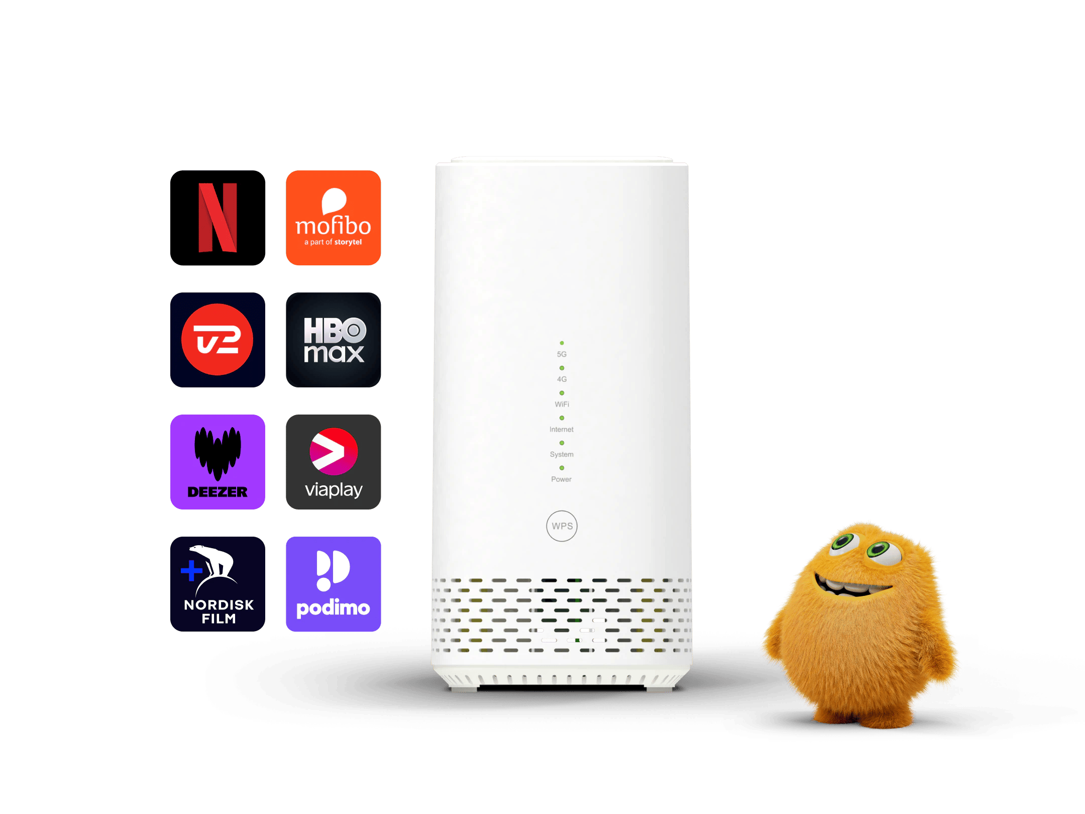 Hvid 5G-router ved siden af ikoner for Netflix, Mofibo, TV 2, HBO Max, Deezer, Viaplay, Nordisk Film og Podimo samt en Små Priser-figur.