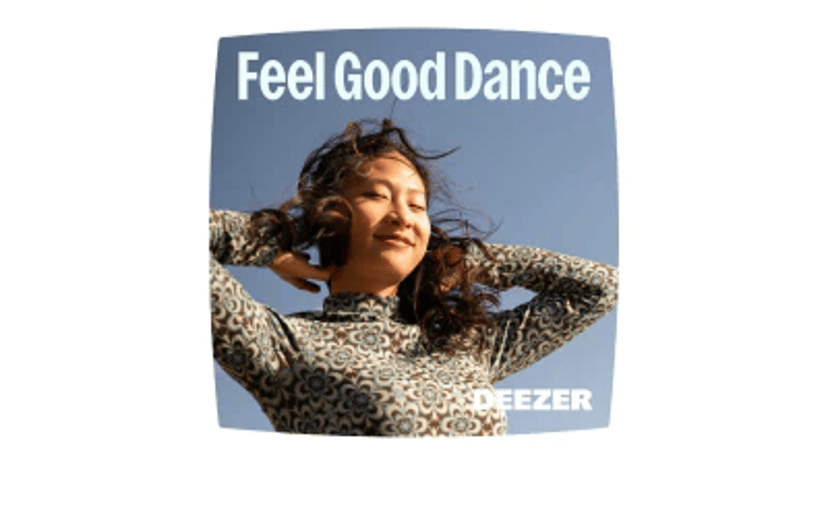 Kvinde med lukkede øjne og hænderne bag hovedet foran teksten “Feel Good Dance” og Deezer-logoet.