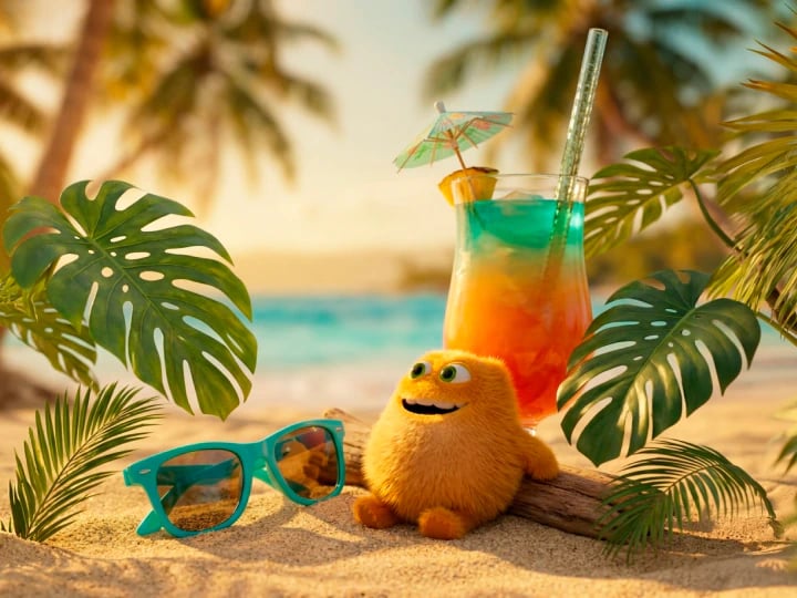 En Lille Pris nyder en farverig drink på stranden med solbriller og palmeblade omkring sig.
