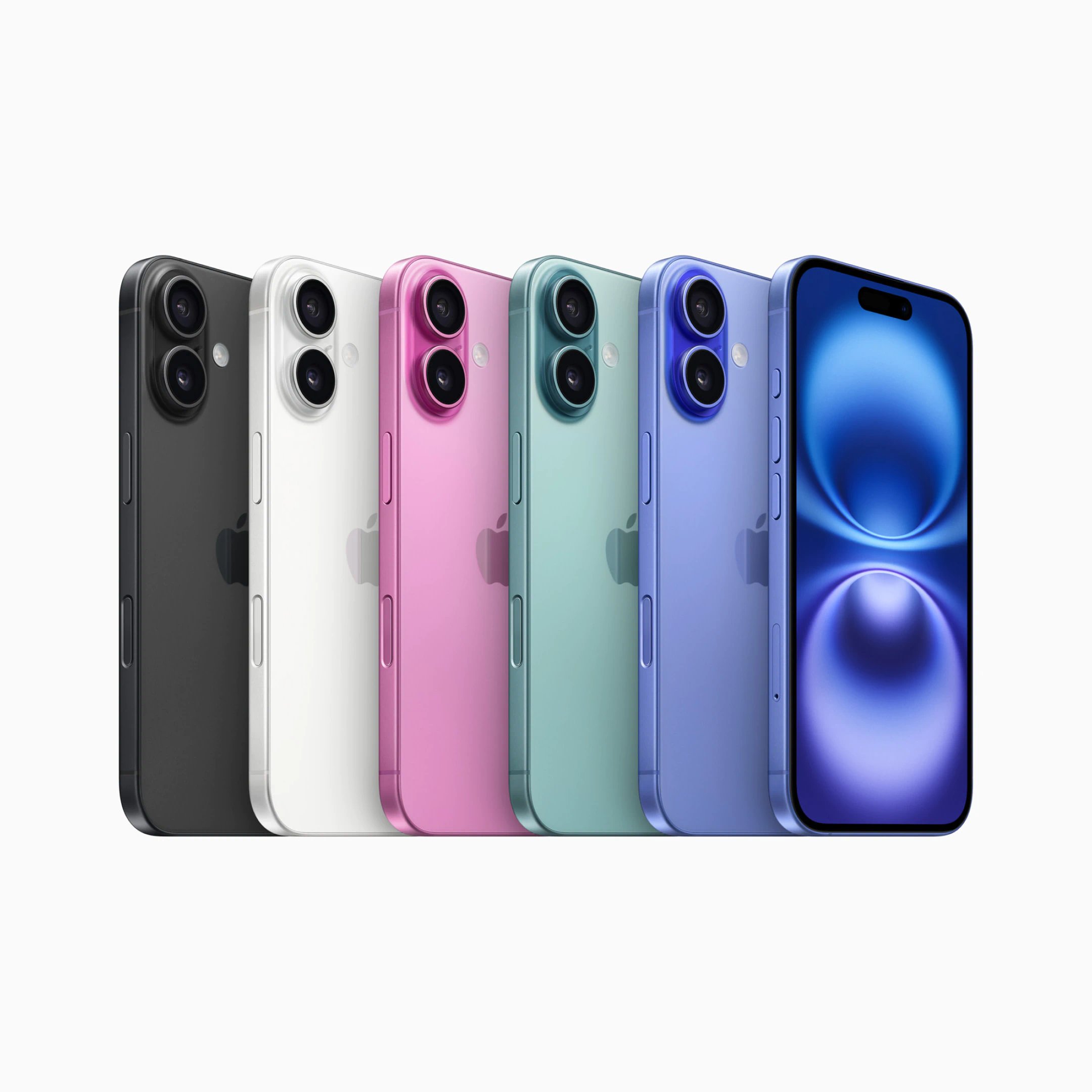 En række iPhone 16- og iPhone 16 Plus-modeller i sort, hvid, pink, grøn og blå. Telefonerne vises bagfra med kameraerne synlige, mens den forreste telefon viser en blå skærm.