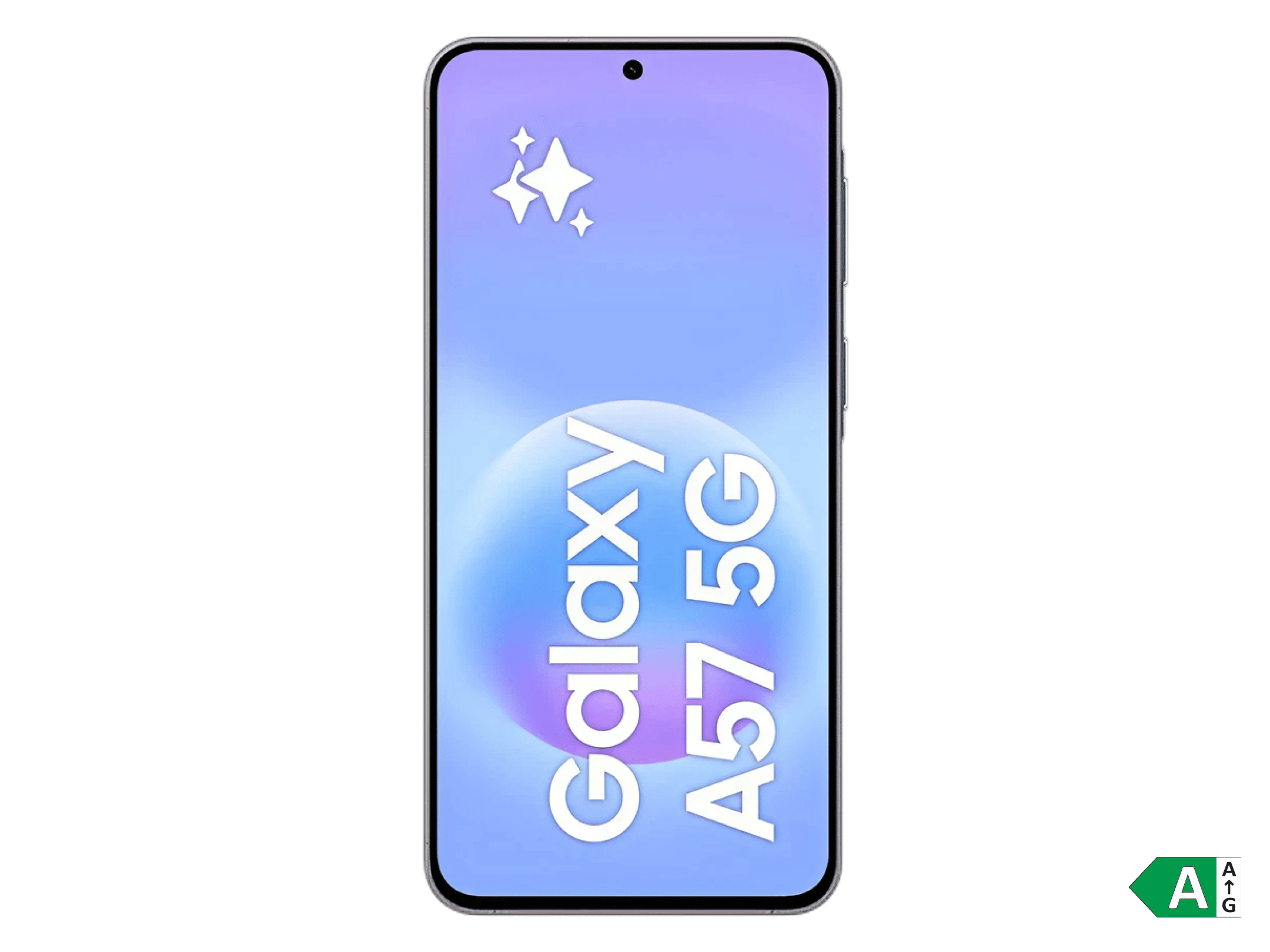 Samsung Galaxy A57 5G-smartphone med lilla og blå skærmgrafik samt A57 5G-tekst på sort baggrund.