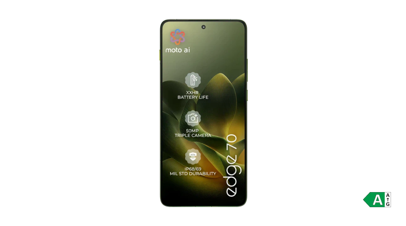 Motorola Edge 70-smartphone med Moto AI, 50 MP trippelkamera, lang batteritid og IP68/69-durabilitet.