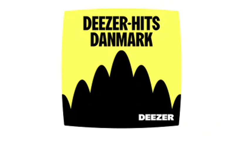 Gul og sort Deezer-grafik med teksten “Deezer Hits Danmark” og Deezer-logo nederst.